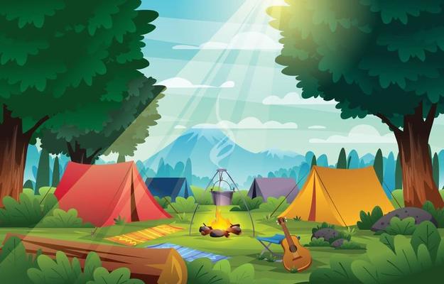 summer camp in the forest landcape background free vector